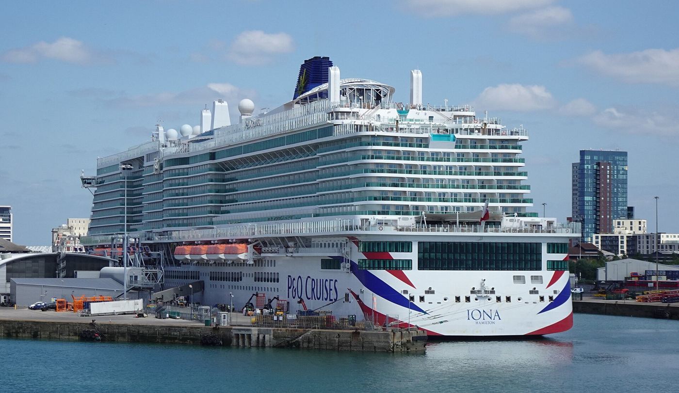 P&O Cruises Iona alongside at the Port of Southampton on embarkation day