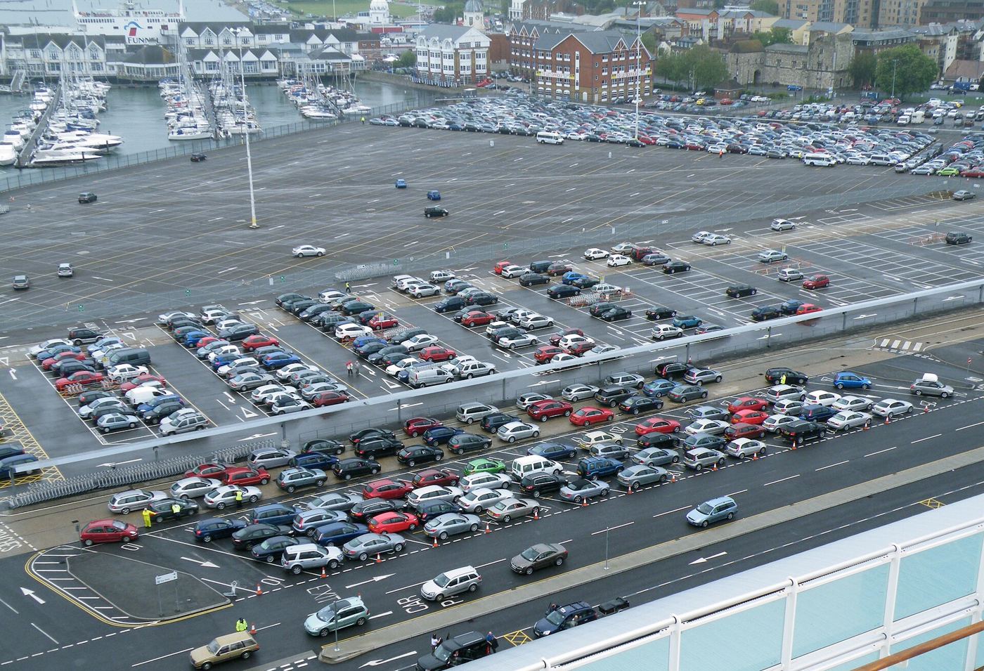The long-stay car park beside Ocean Cruise Terminal, seen from a ship on turnaround day