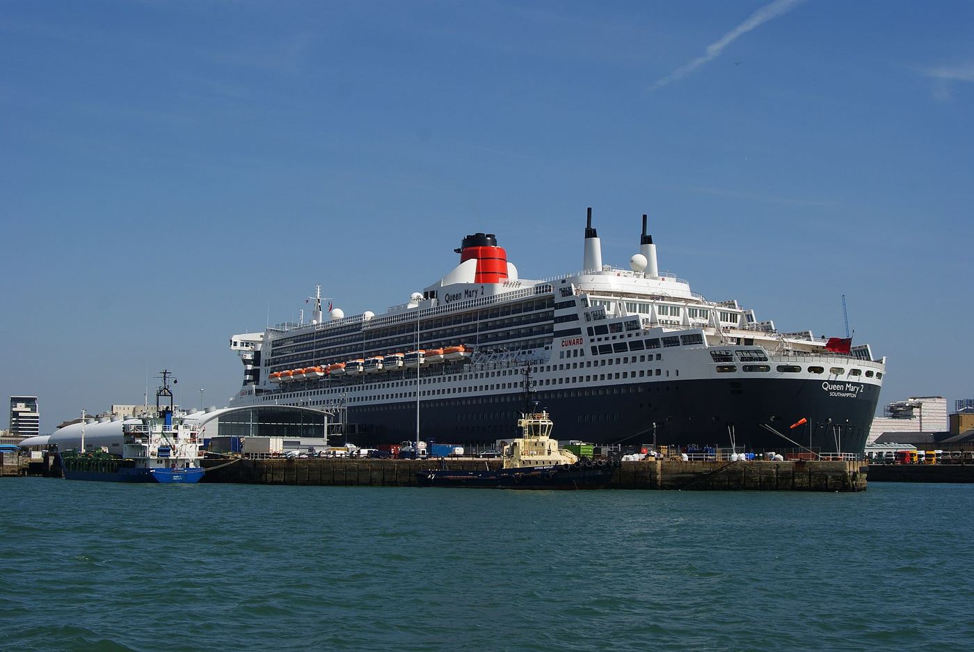 Queen Mary 2 berthed at Ocean Cruise Terminal in Southampton's Eastern Docks